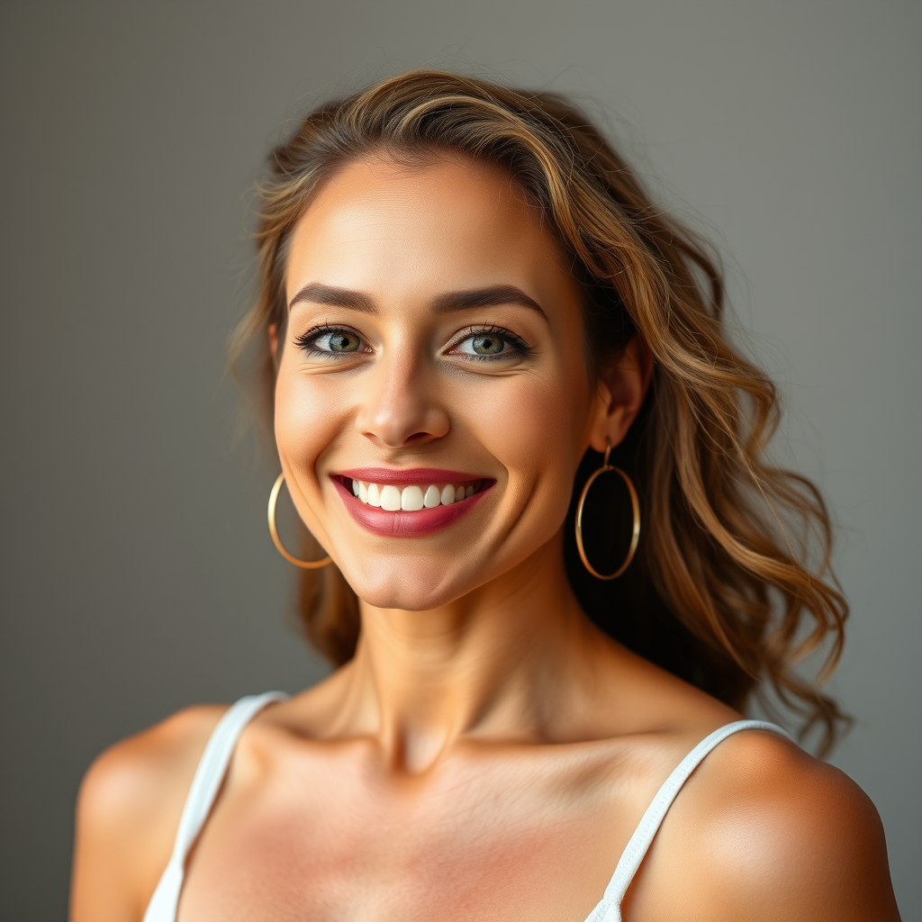 Smiling woman with wavy brown hair, hoop earrings, and bright white top.