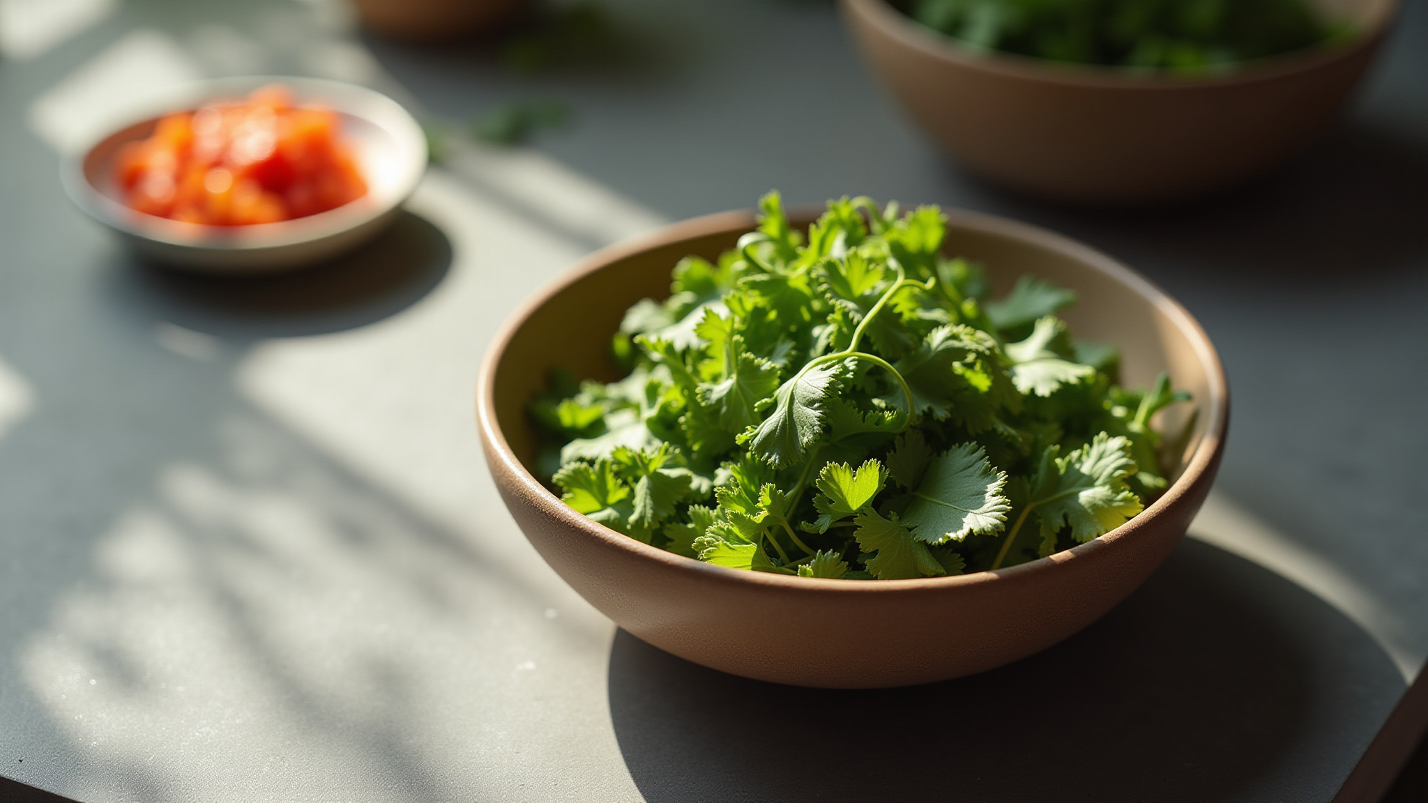 Bowl of fresh green cilantro with chopped red ingredients, natural light.