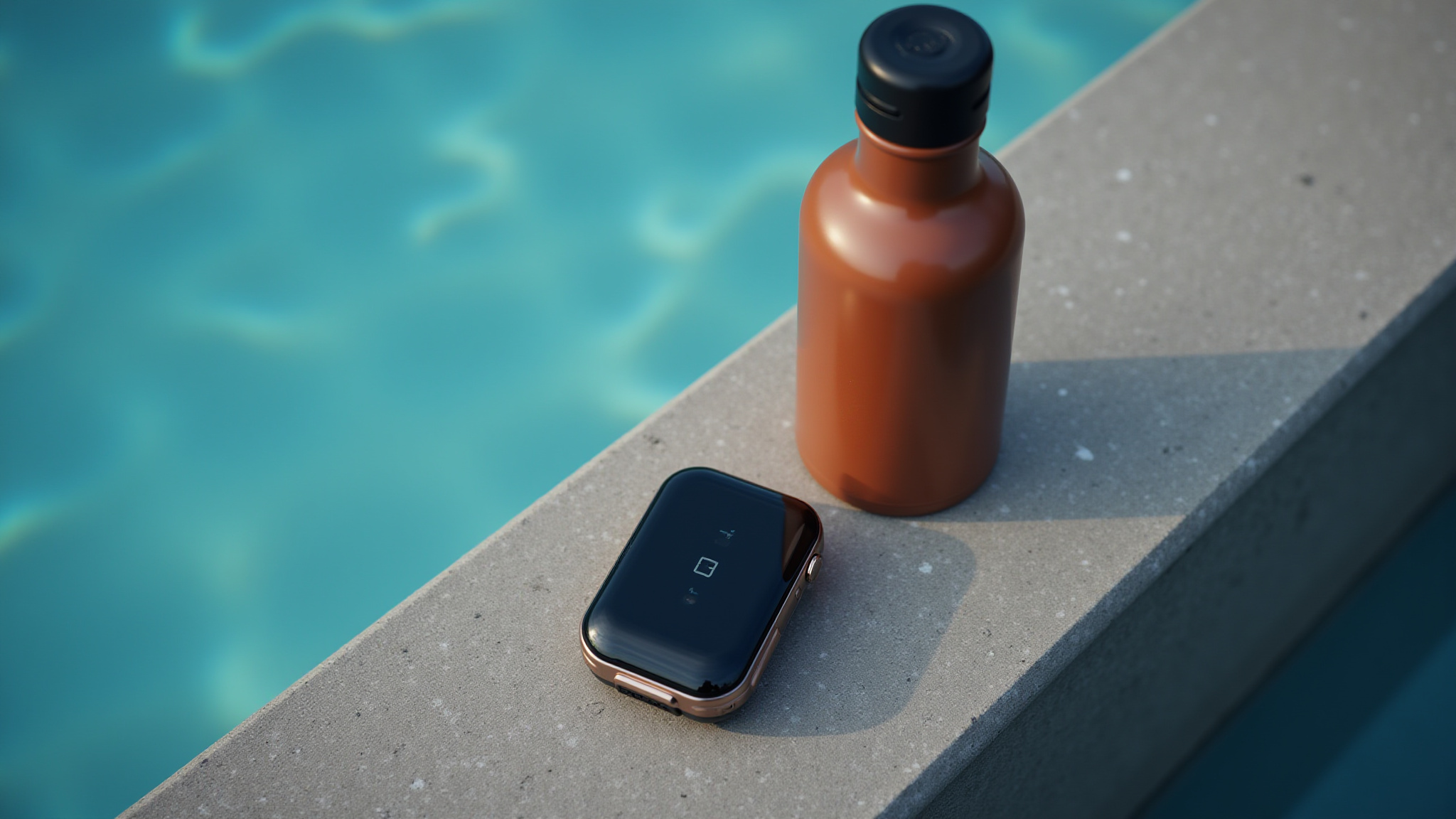 Black rectangular device, brown bottle on concrete by blue pool water.