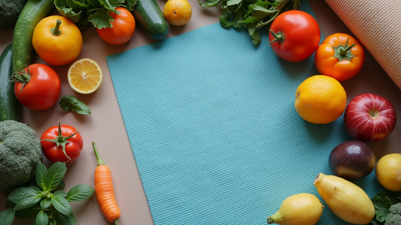 Blue yoga mat surrounded by fresh colorful fruits and vegetables.