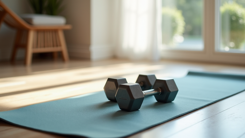 Two hexagonal dumbbells on a teal yoga mat in a sunny room.