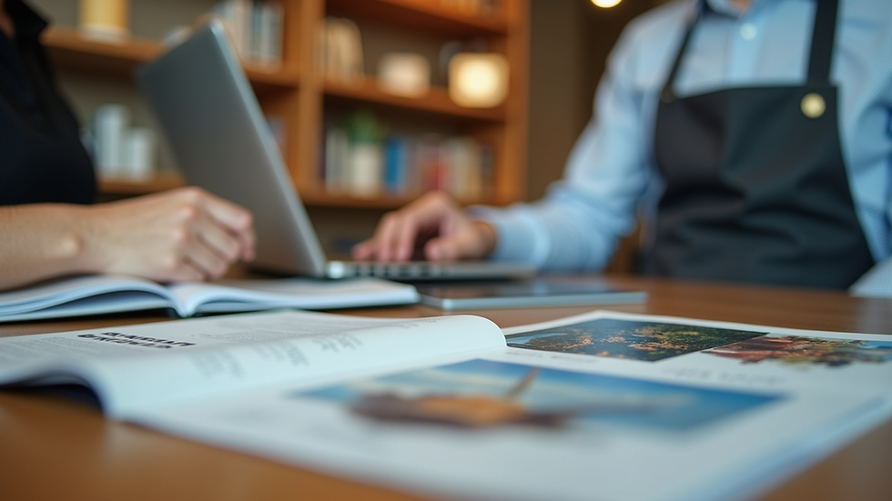 Close-up view of a travel agent’s desk with brochures and a laptop