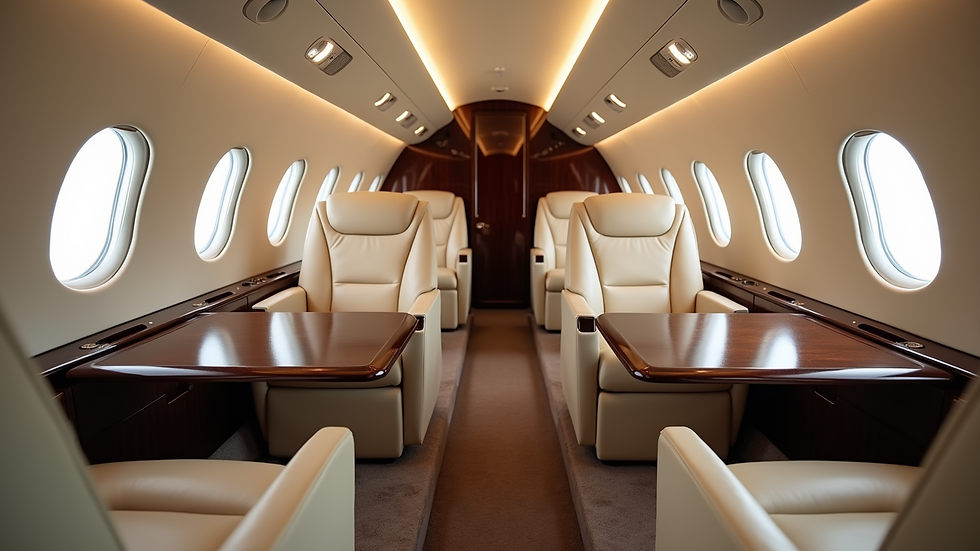 Eye-level view of a luxury private jet interior with plush seating