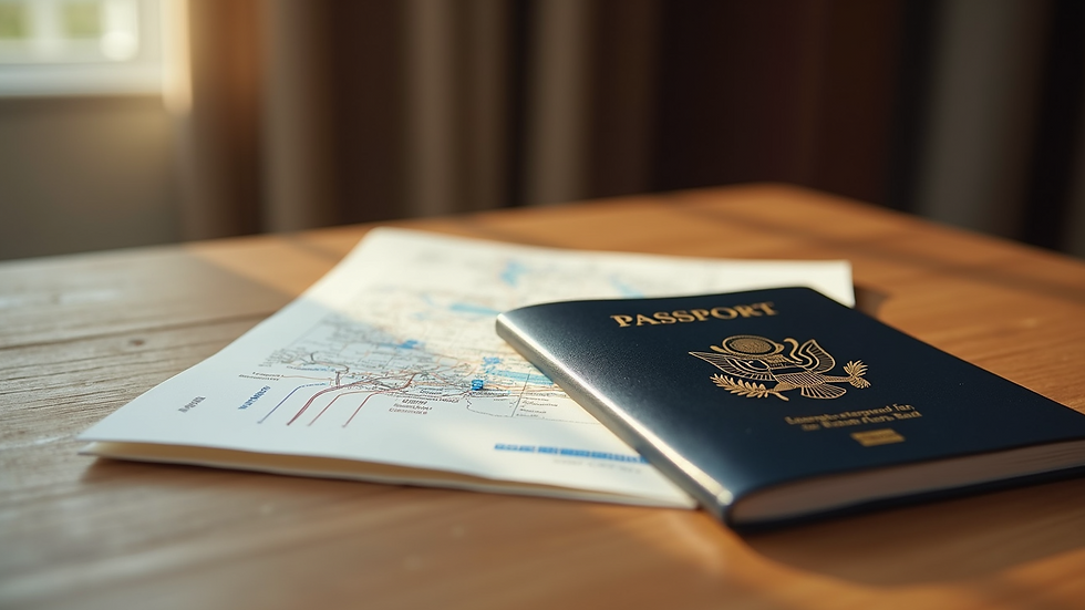 Close-up view of luxury travel documents and passport on a wooden table