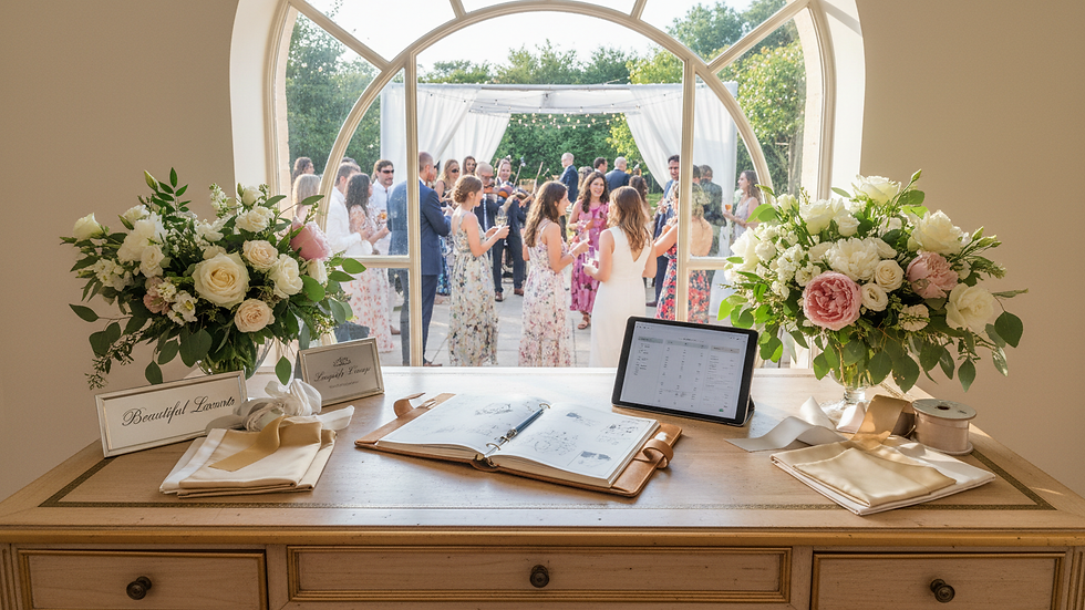 Eye-level view of elegant wedding planner’s desk with floral arrangements and planning materials