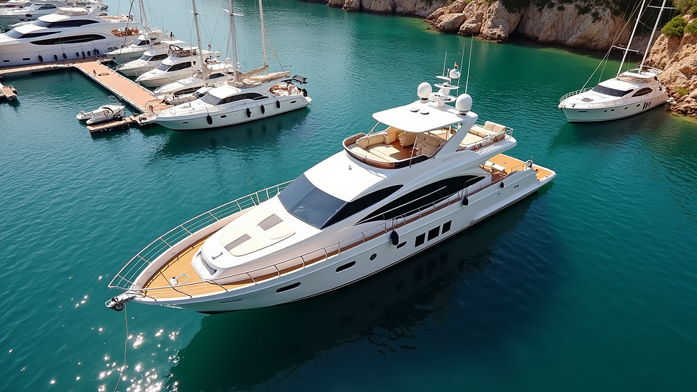 High angle view of a private yacht docked at a luxury marina