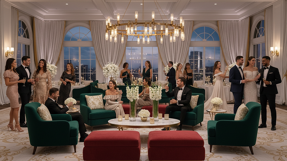 Eye-level view of a modern chandelier with gold accents and velvet seating