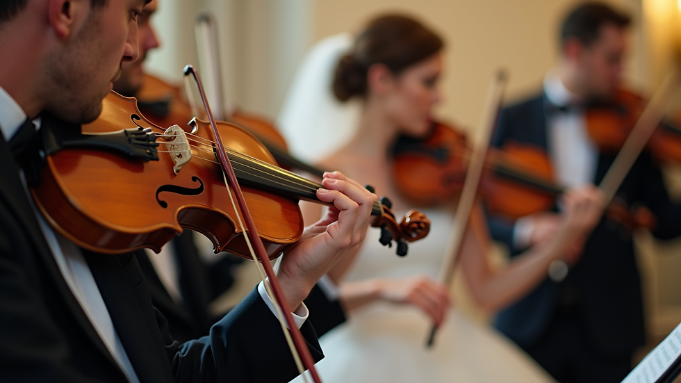 Close-up view of a string quartet performing at a wedding ceremony