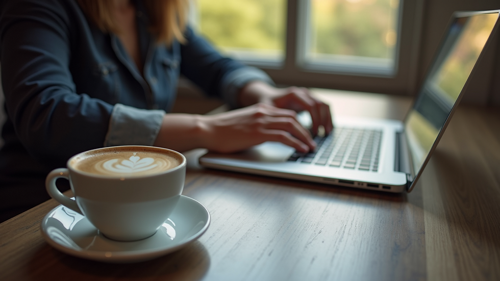 High angle view of a person typing on a laptop with a cup of coffee nearby