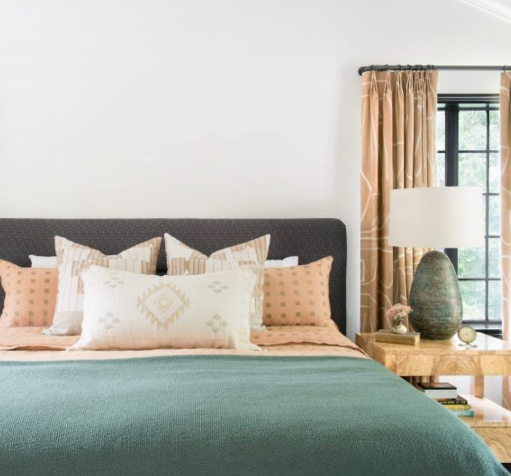 Bohemian modern bedroom design desert modern cactus silk pillow moroccan textiles