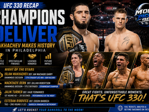 UFC 330 recap graphic from MoonPicks98 highlighting the championship fights and biggest results from Philadelphia. The image features Islam Makhachev’s historic victory over Ian Machado Garry, Mackenzie Dern’s successful strawweight title defense, Jalin Turner’s 39-second knockout, and Esteban Ribovics’ TKO victory over Edson Barboza. The graphic promotes the full UFC 330 results, fight analysis, betting takeaways, and MMA handicapping insights from MoonPicks98.