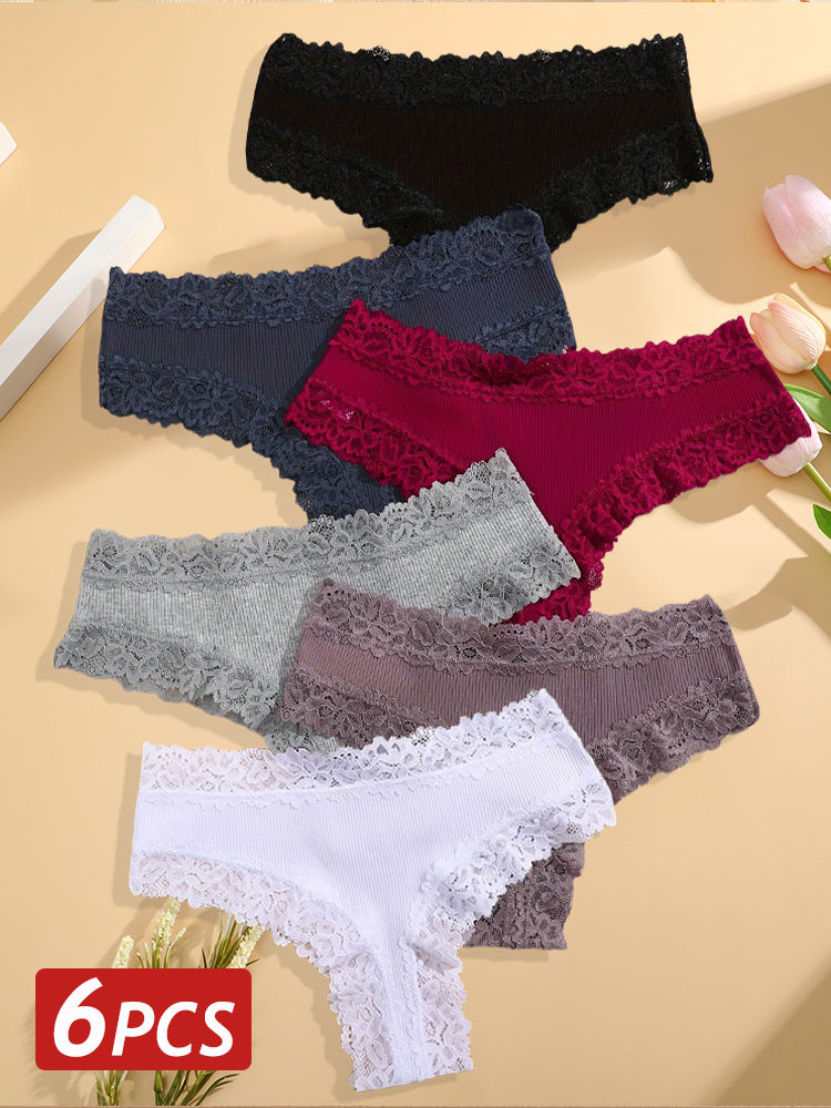 Conjunto de 6 calcinhas femininas de algodão com renda sexy, estilo brasileiro,