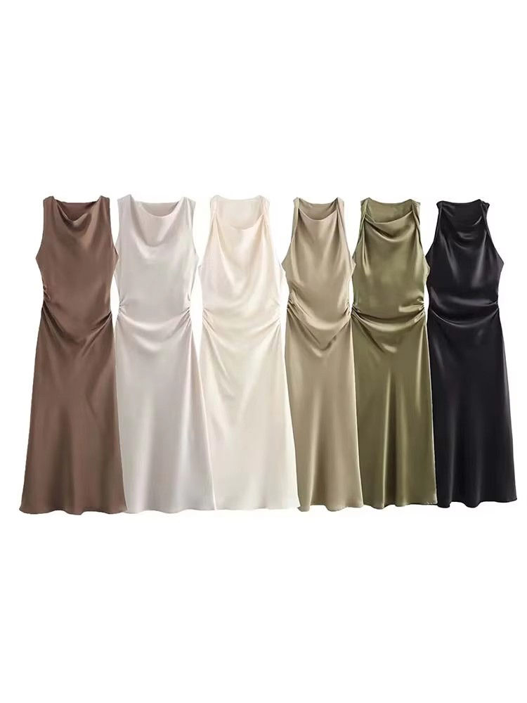 Vestidos longos de cetim para mulheres, modelo midi, para o verão de 2026, estil