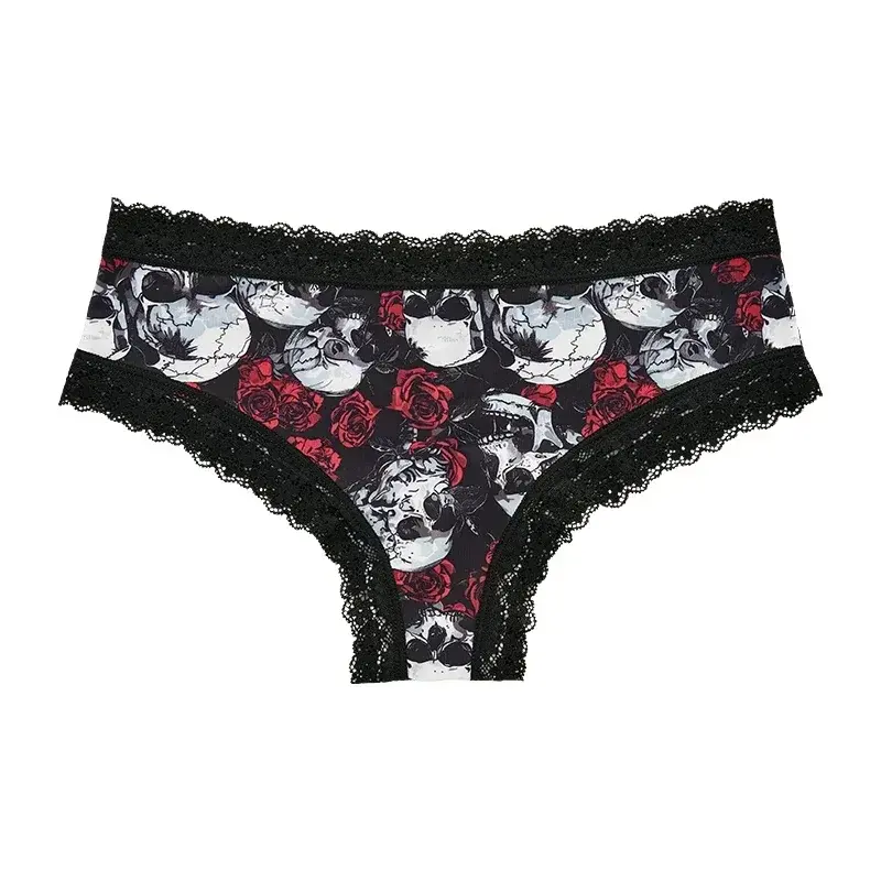 Miniatura: Calcinha feminina sexy com borda de renda, estilo gótico, com estampa de caveira