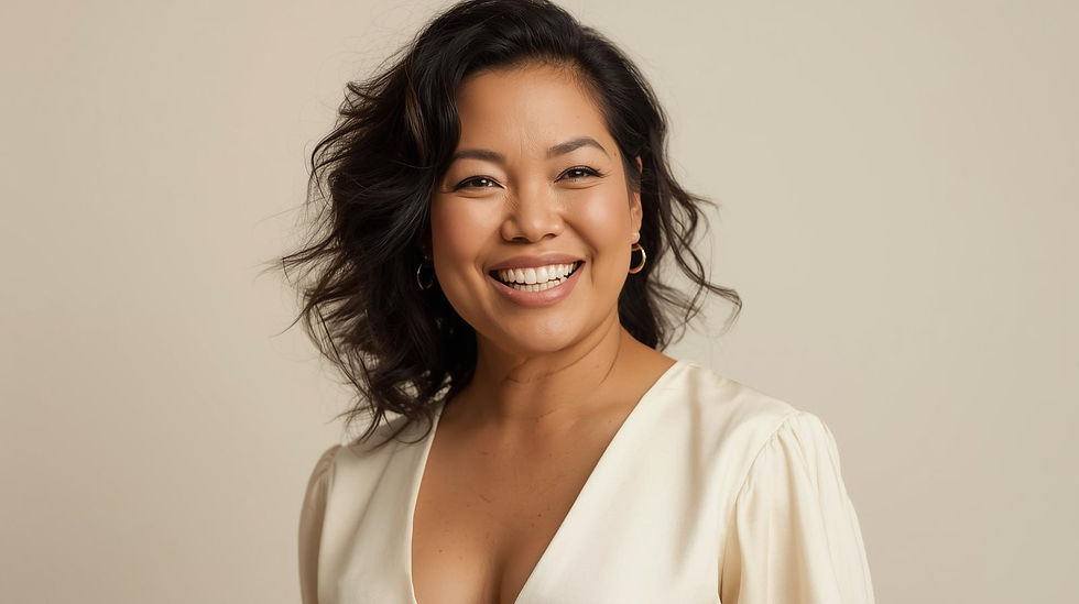 Give me photos of a happy woman dressed in cream.jpg