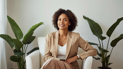 successful bi-racial woman in her late 30' s in a cream minamalist home with greenery sitt