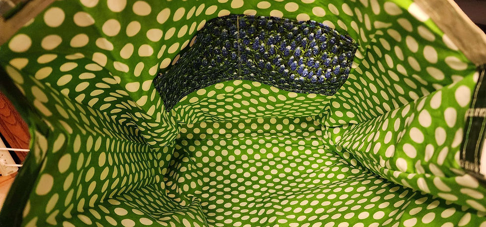 Thumbnail: Chicken Scratch Tote bag-with polka dots; inner pocket for cell phone, etc.