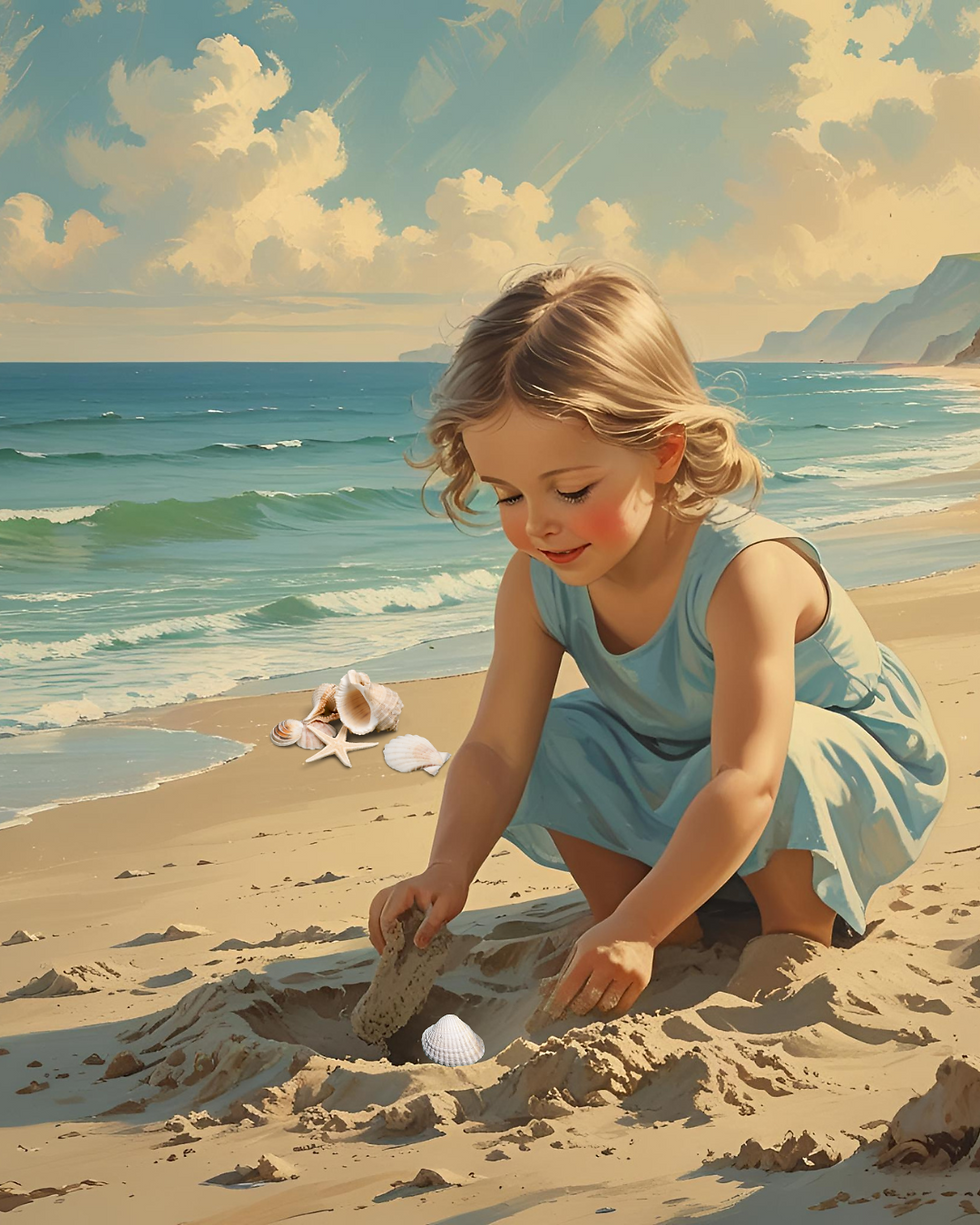 A nostalgic paiting of a young girl searching for shells on the beach with soft waves and distant mountains - symbolic image for The Shell Seekers book review