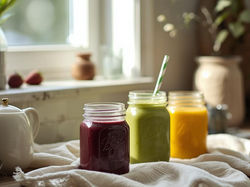 Three spring smoothies on a kitchen counter in natural light with berry, green, and mango flavors