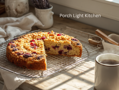 Blueberry cranberry Einkorn breakfast cake with lavender cooling on a rustic wooden counter beside a cup of coffee.