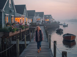 Coastal harbor with small boats and glowing cottage windows at sunset, symbolizing hope, connection, and new beginnings in a review of Remarkably Bright Creatures.