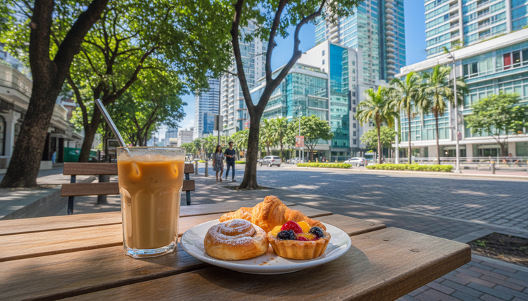 Close-up view of a café table near a sunny Makati street with residential towers nearby.