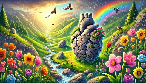 DALL·E 2024-10-09 18.49.21 - A valley recovering from the struggle, with vibrant flowers s