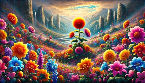 DALL·E 2024-10-09 18.47.05 - A valley of vibrant, brave flowers standing tall and glowing