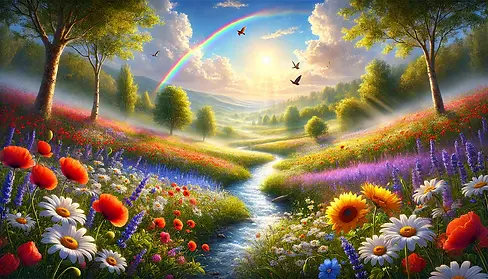 DALL·E 2024-10-09 18.28.41 - A beautiful valley filled with vibrant, colorful flowers like