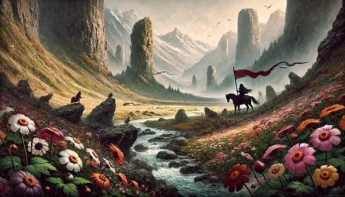 DALL·E 2024-10-09 18.43.45 - A valley still under the watch of the stone-hearted creatures