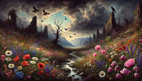 DALL·E 2024-10-09 18.29.11 - A once vibrant valley of flowers, now overshadowed by dark, o