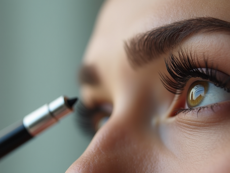 close up view of a woman penciling in her brows.
