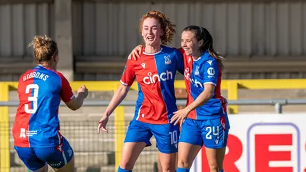 Shanade Hopcroft celebrates her goal alongside Fliss Gibbons and Annabel Blanchard for Crystal Palace Women against London City Lionesses