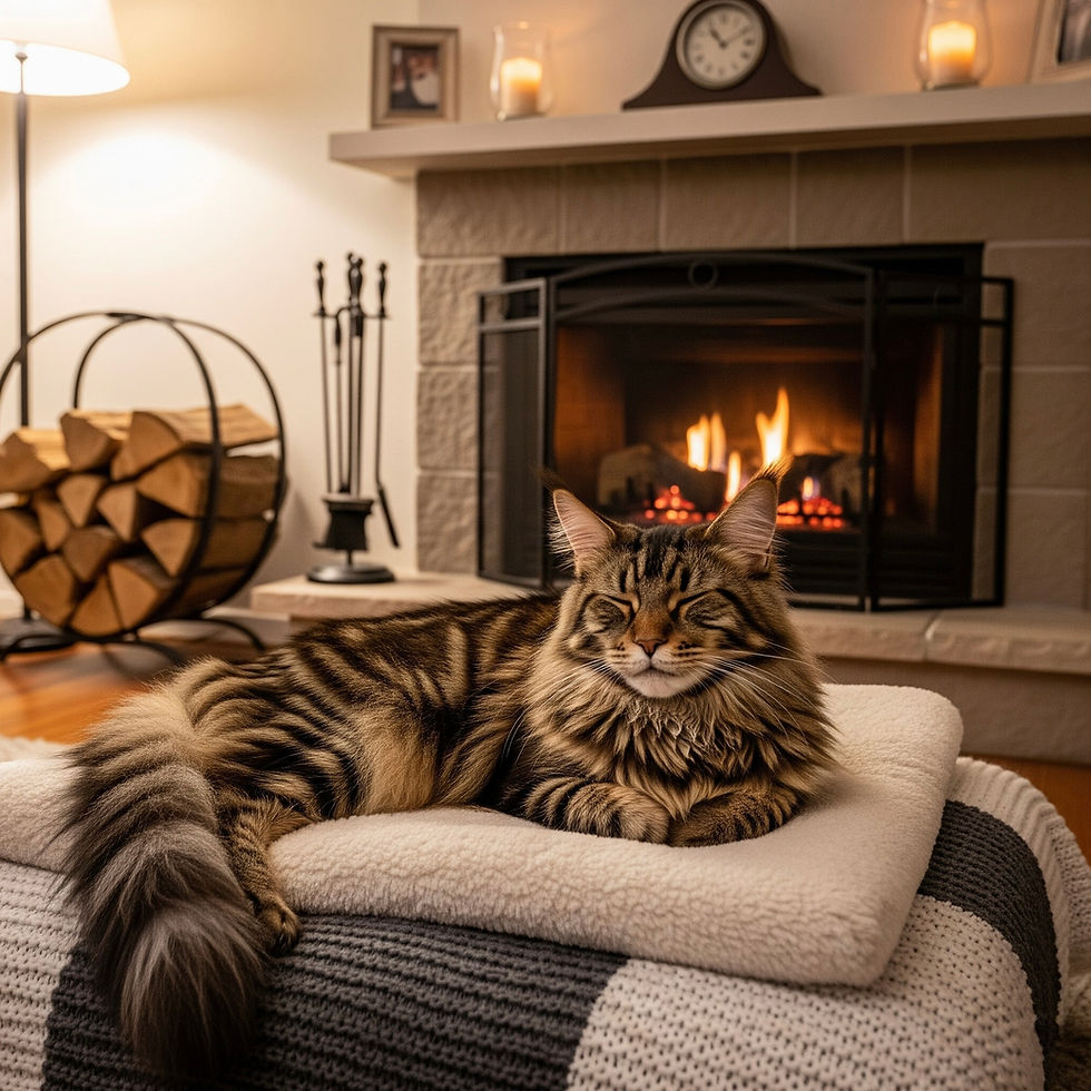 A majestic Maine Coon cat is comfortably settled on a cream-colored, shag-textured cat bed, placed on a soft, knitted blanket. The brown tabby cat has its eyes gently closed, looking deeply relaxed, with its paws tucked under its chest and its bushy tail draped over the bed. In the background, a cozy living room features a stone fireplace with a real fire glowing behind a dark metal screen, casting a warm light. Decorative items, including a clock and candles, adorn the mantelpiece, and a stack of logs sits beside the fireplace. The scene is illuminated by warm, inviting light.