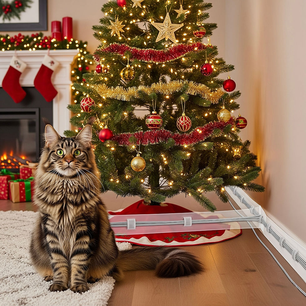 A large, brown tabby Maine Coon cat sits on a rug near a festive Christmas tree. The tree is decorated with red and gold ornaments and lights. Along the wall beneath the tree, electrical cords are neatly covered by clear, protective casings, emphasizing a safe, pet-friendly holiday environment.