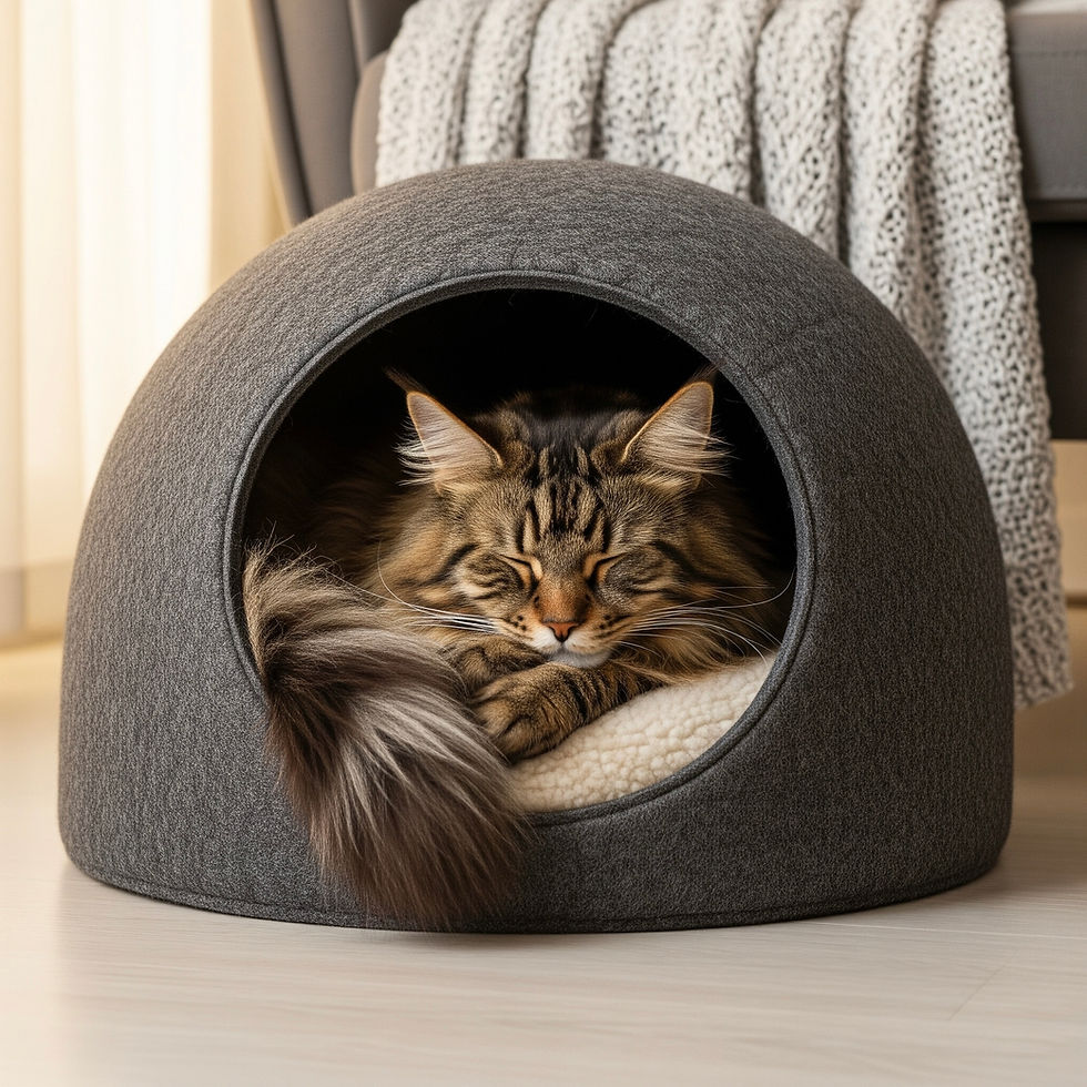 A long-haired Maine Coon cat is curled up, peacefully sleeping inside a stylish, gray dome-shaped cat cave.