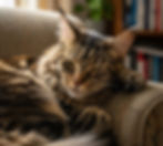 A brown tabby Maine Coon cat with green eyes is lying on an armchair, looking subtly in pain with narrowed eyes and a slightly tense expression.