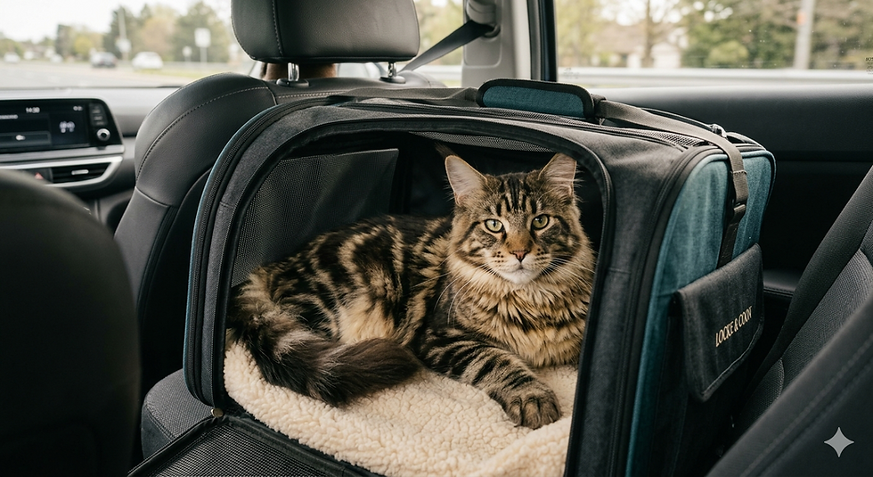 A majestic Maine Coon cat with striking green eyes sits inside a large, soft-sided travel carrier placed on the back seat of a car. The carrier is lined with a plush cream-colored fleece, and the cat looks calmly toward the camera.