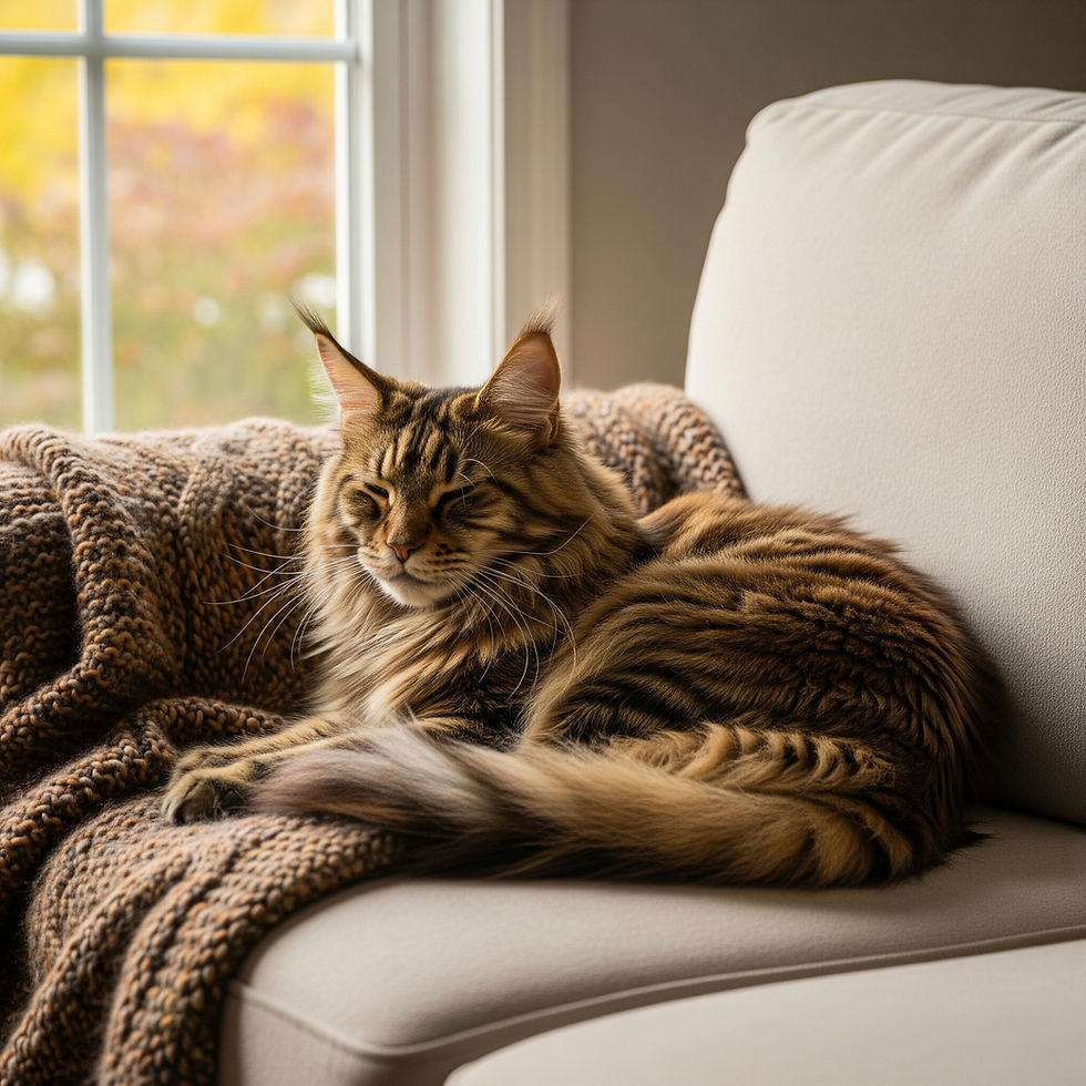 A fluffy Maine Coon cat with tabby markings is curled up, sleeping soundly on a beige sofa next to a window, illuminated by warm natural light.