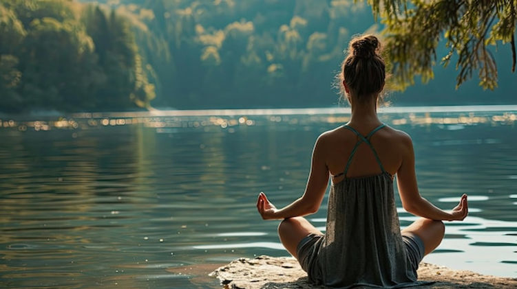 A girl sits and meditates infront of water.