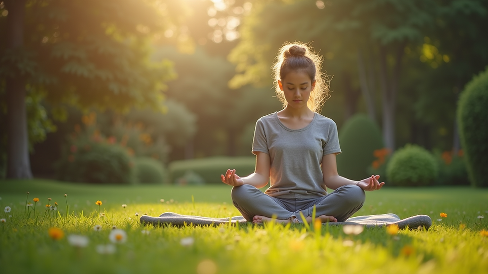 Eye-level view of a person meditating outdoors in a peaceful garden