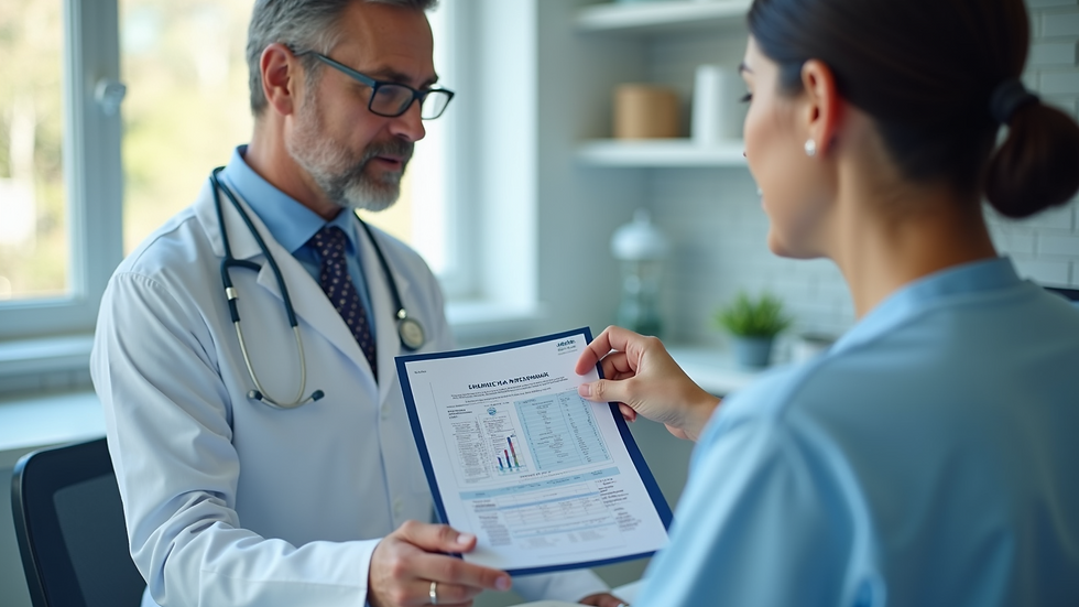 Close-up view of a healthcare professional explaining a health chart to a patient