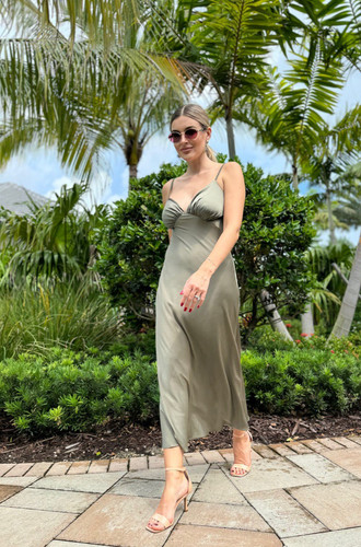Satin slip dress olive green, open back | La Magnetique Satin slip dress olive green, open back | La Magnetique