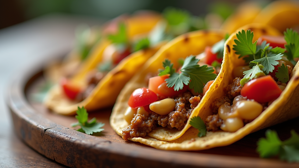 Close-up view of a colorful taco platter with various toppings