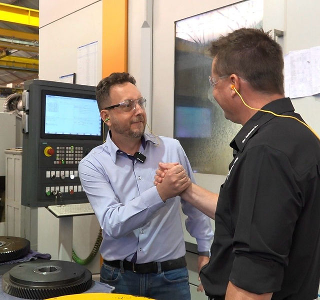 Tony Gunn exploring industrial gear manufacturing at SEW Eurodrive and WEG-Cestari