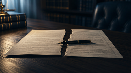 Torn contract document with a fountain pen on a desk, representing a breach of contract dispute in Malaysia