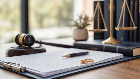 Contested divorce in Malaysia legal documents, gavel and wedding rings