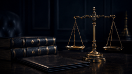 Brass scales of justice beside leather-bound law books on a dark desk, defamation defences in Malaysia