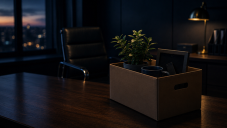 Cardboard box of personal belongings on a cleared desk with an empty office chair at dusk, unfair dismissal in Malaysia