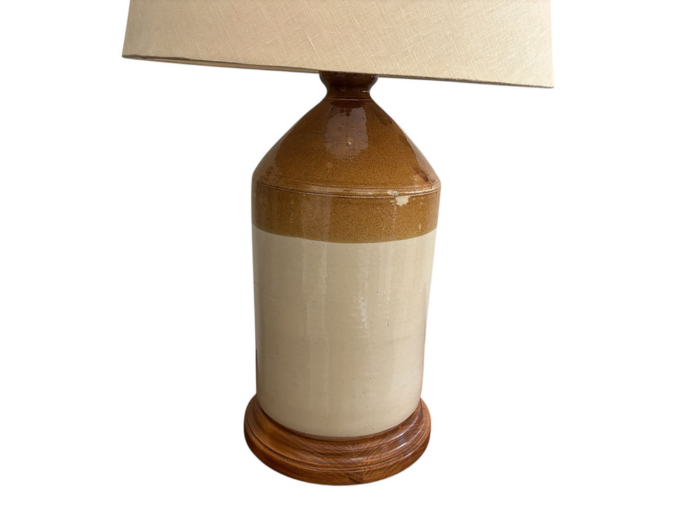 Thumbnail: EARLY STONEWARE JAR TABLE LAMP WITH NATURAL LINEN SHADE AND FINIAL